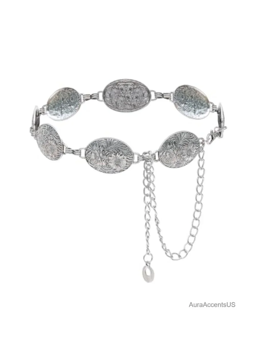 Vintage Silver Concho Belt, Faux Leather, Adjustable Chain, Cowgirl